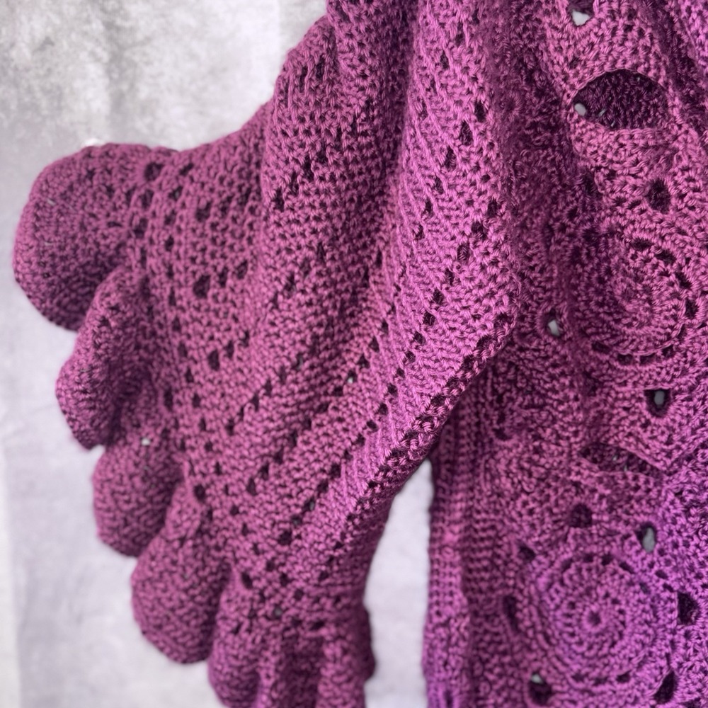 100% Handmade Large Purple Willow Granny Square Cardigan Ruffle Bell‎ Sleeves - Picture 12 of 12